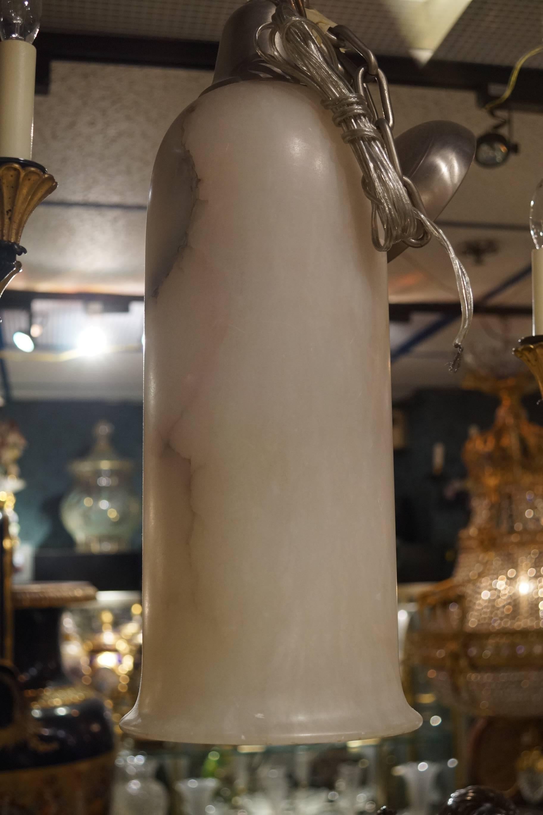 20th Century Mid Century Tall Cylinder Form Alabaster Pendant Light For Sale