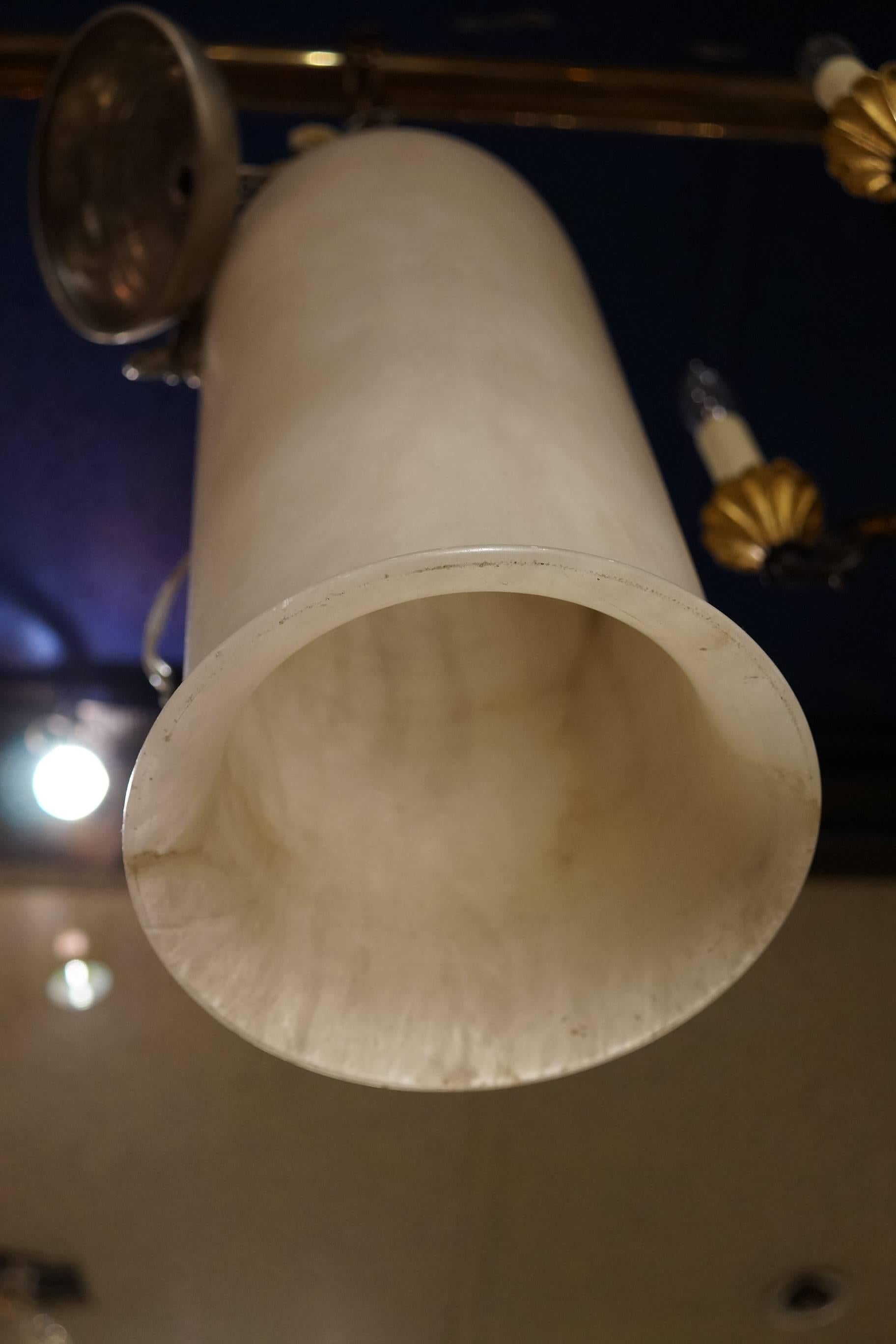 Mid Century Tall Cylinder Form Alabaster Pendant Light In Good Condition For Sale In New York, NY