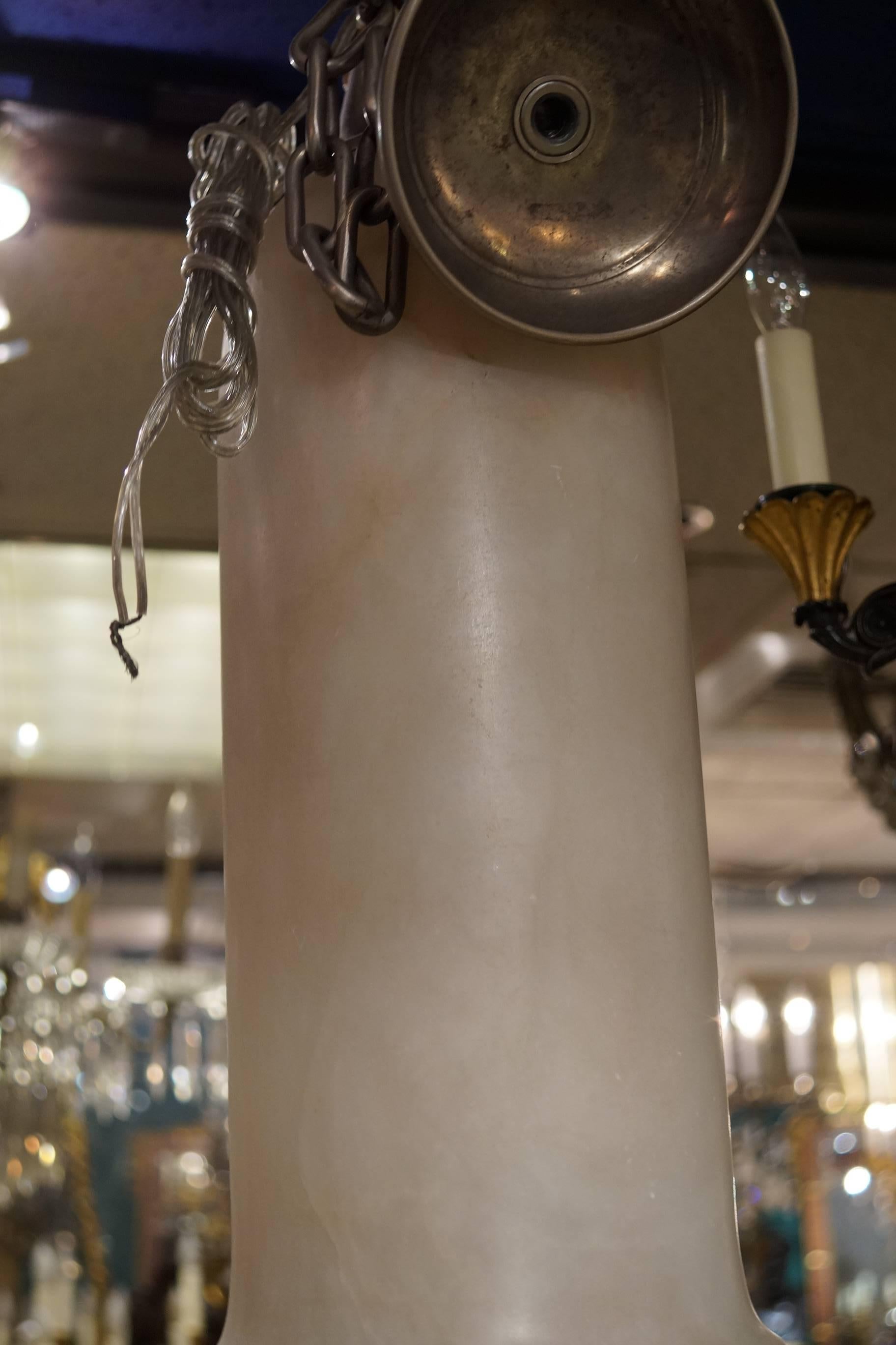 Carved Mid Century Tall Cylinder Form Alabaster Pendant Light For Sale