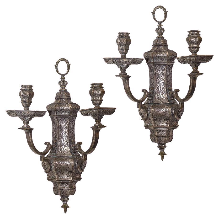 Pair of Silvered Two-Light Wall Sconces Attributed to Caldwell & Co For Sale