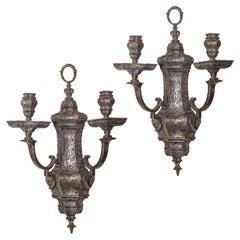 Pair of Silvered Two-Light Wall Sconces Attributed to Caldwell & Co