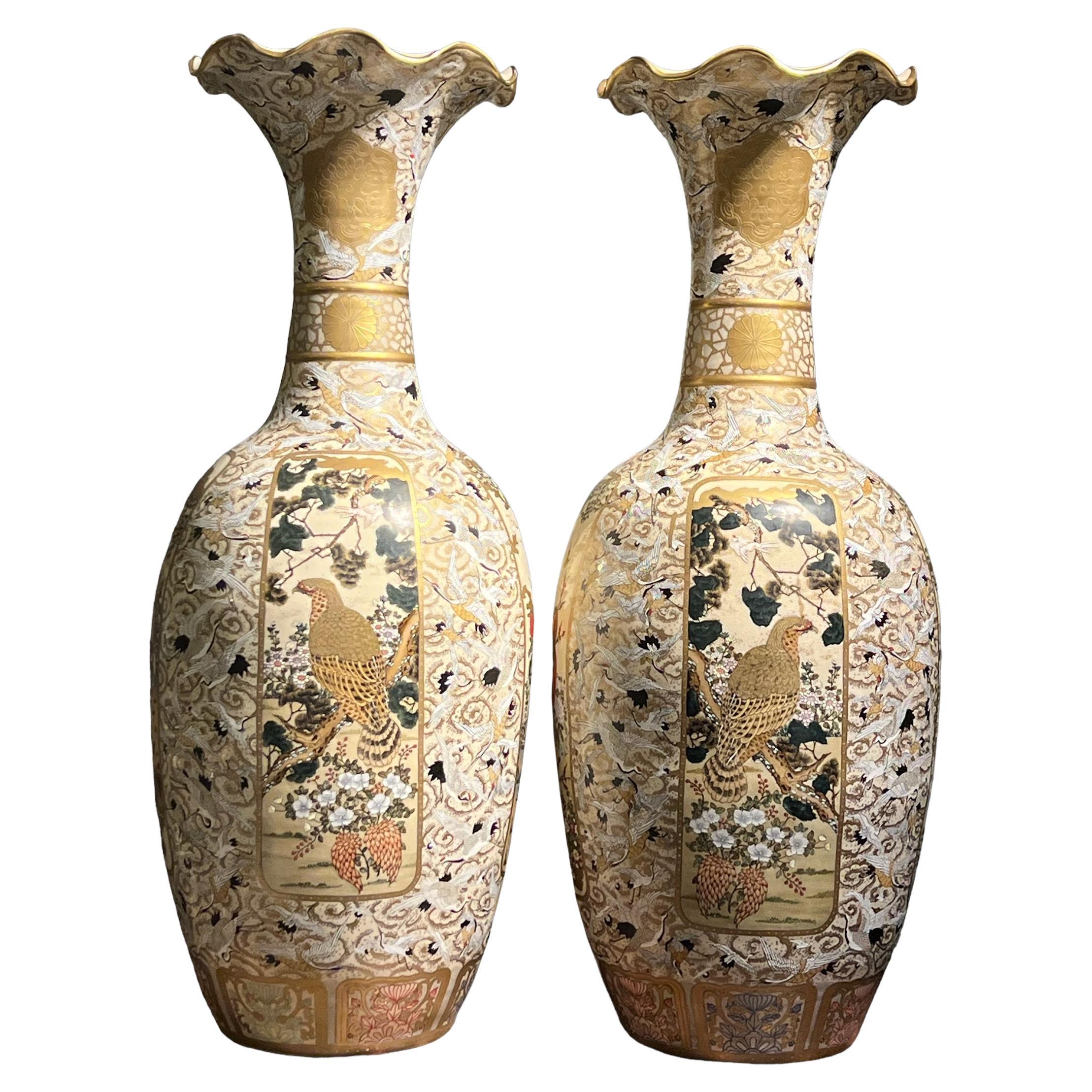 Pair of Palace Size Japanese Meiji Period Satsuma Vases For Sale