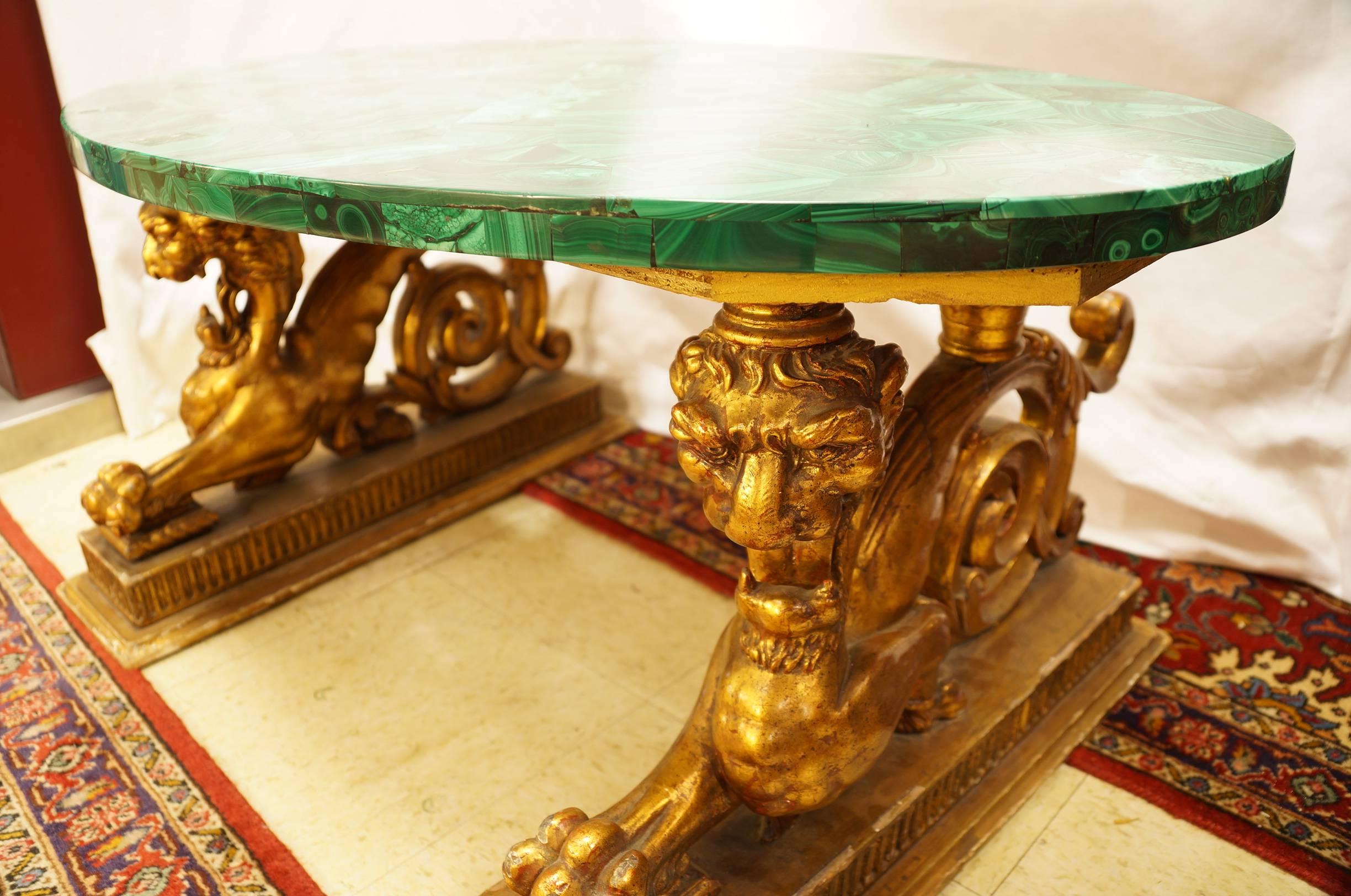 Magnificent Green Malachite Low Coffee Table on a Figural Giltwood Base In Excellent Condition In New York, NY