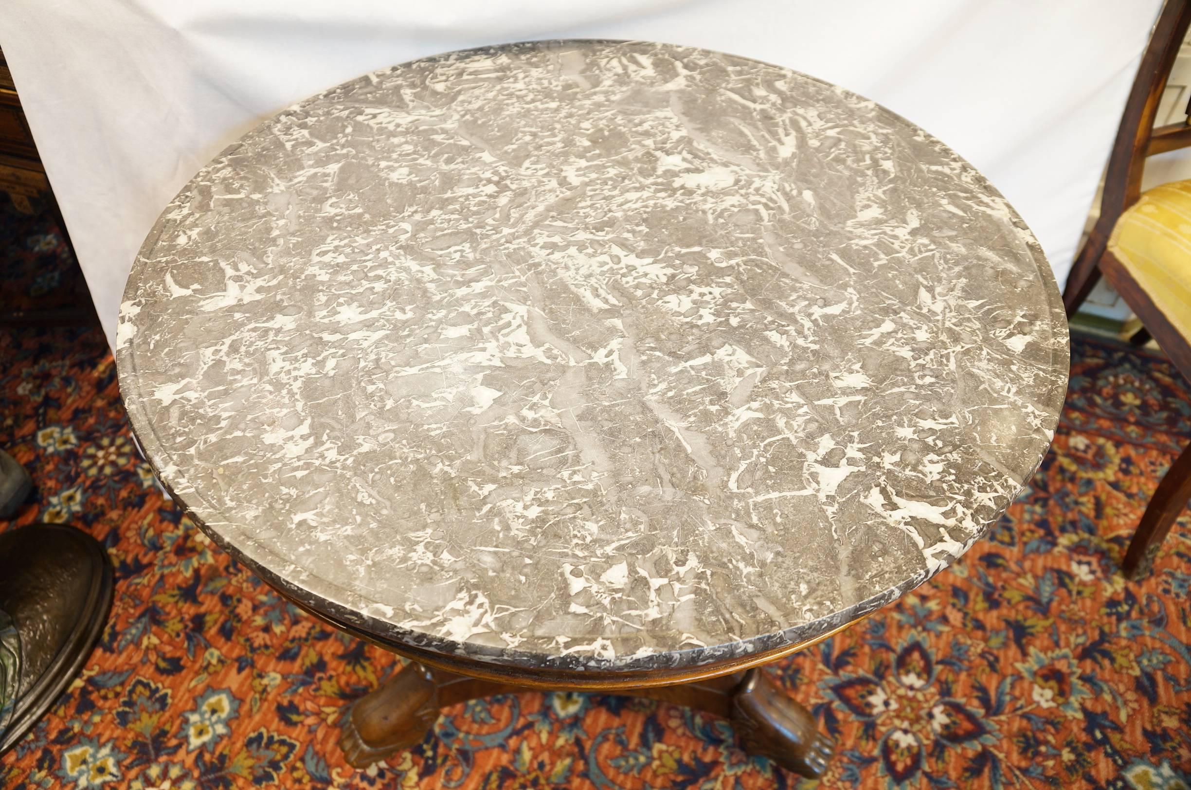 French Empire Round Marble Top Center Table with Classical Bronze Mounted Figures on Paw Feet
Beveled Marble Top
Stock Number: F108