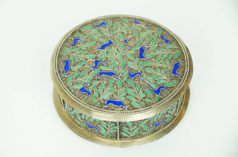Silver and Blue and Green Enamel Round Jewelry Box at 1stDibs