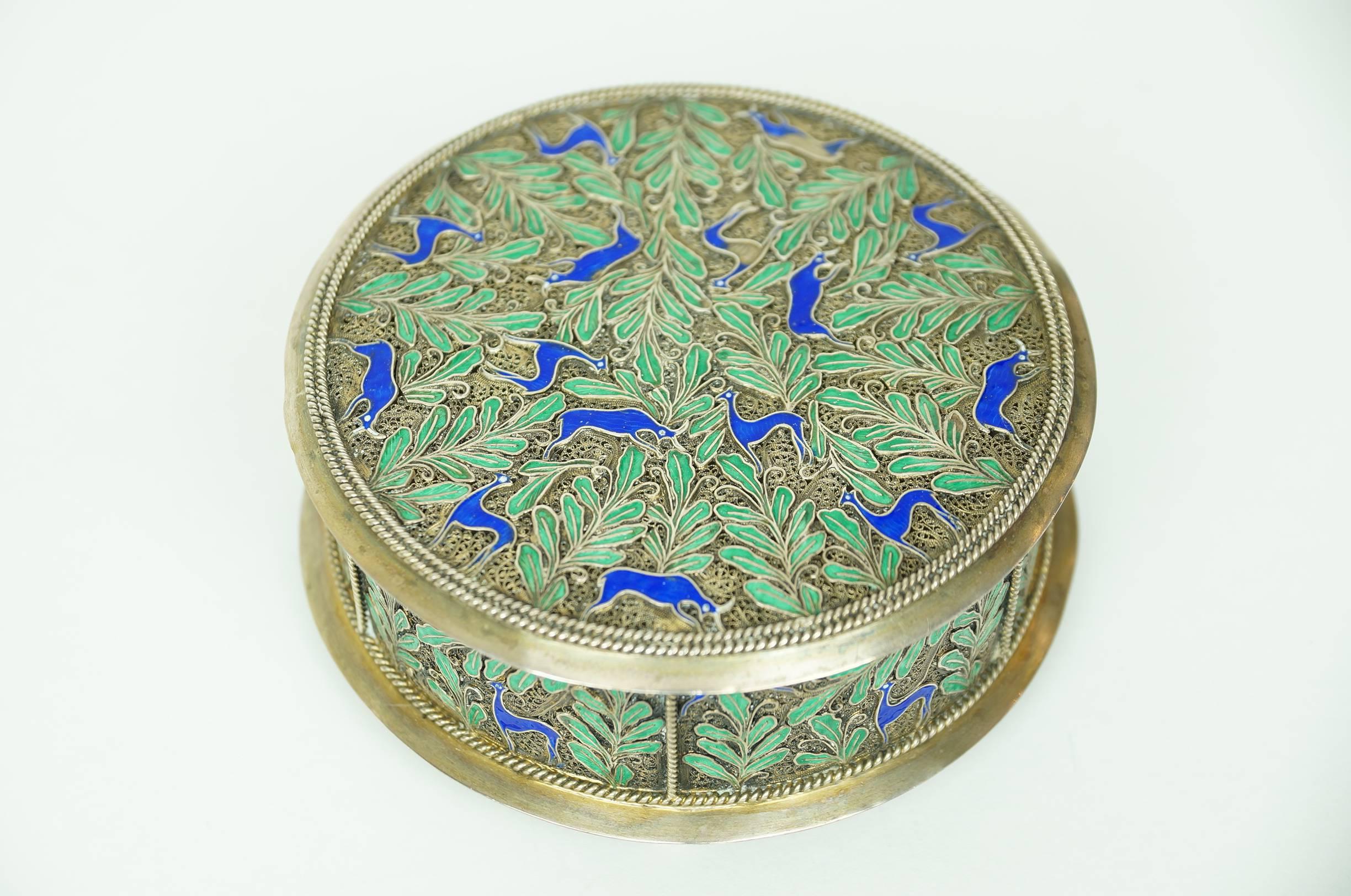 Silver and blue and green enamel round jewelry box with animal figures.
Stock Number: DA194