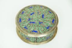 Silver and Blue and Green Enamel Round Jewelry Box