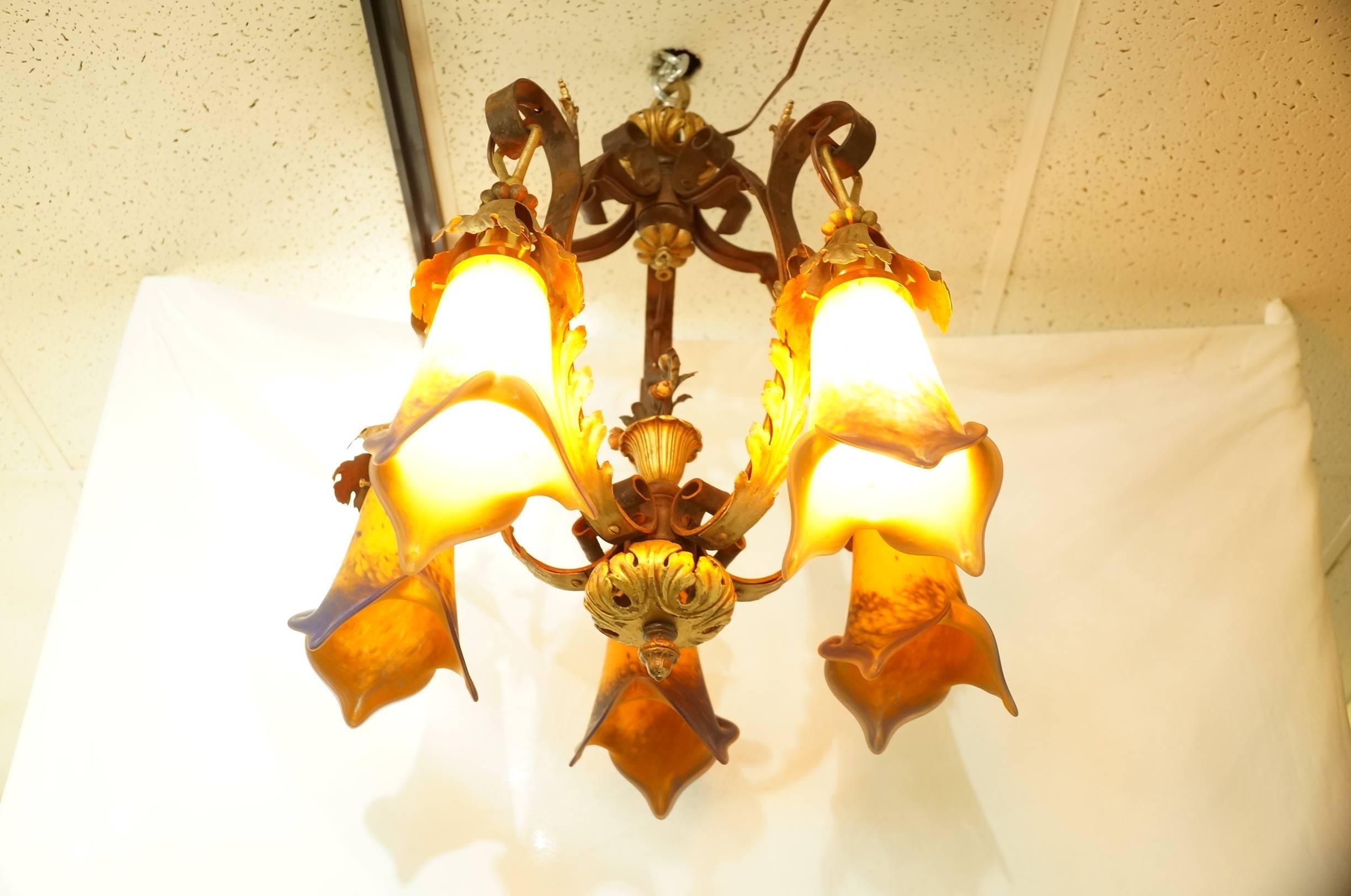 French Art Nouveau Five-Arm Bronze Chandelier with Colored Glass Shades