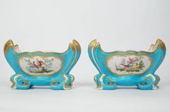 Pair of Celeste Light Blue Porcelain Cache Pots with Painted Bird Scenes