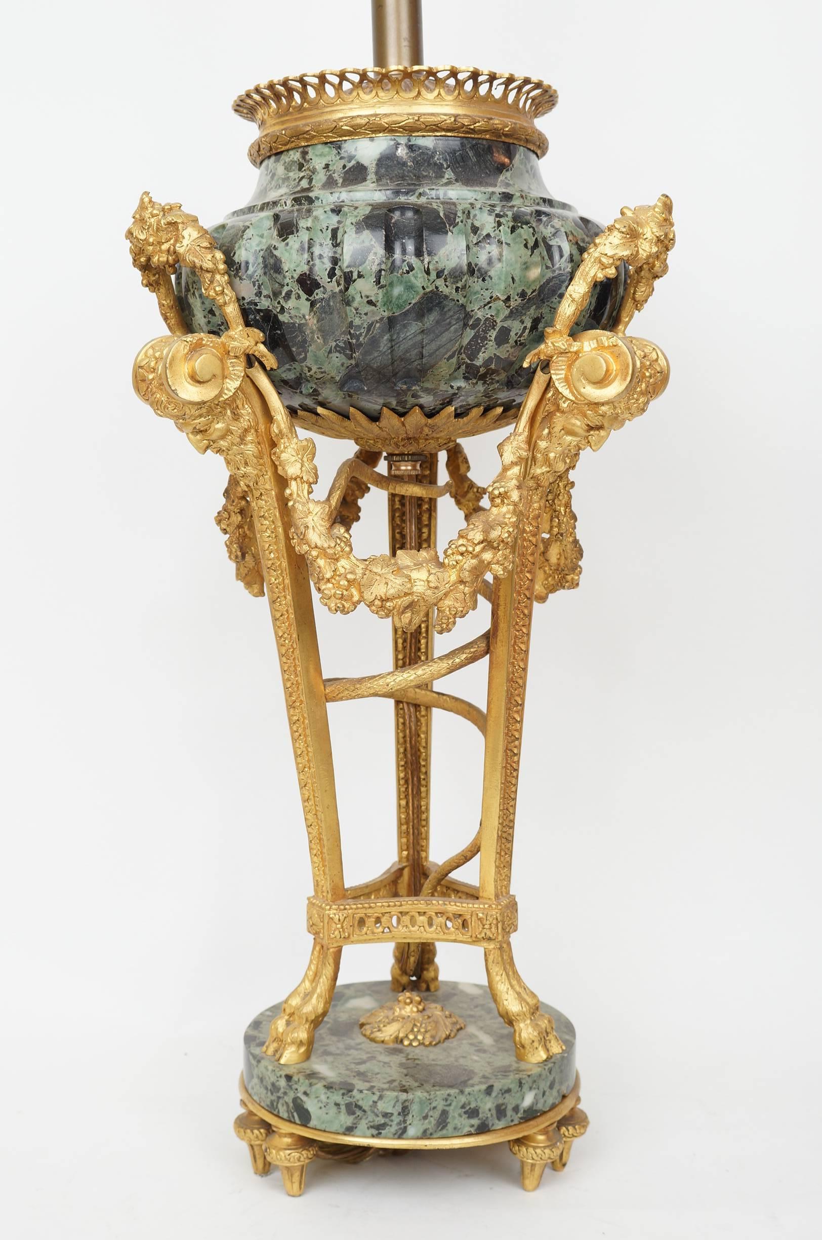 Pair of French Louis XVI style gilt bronze and marble figural table lamps with mask face motif in neoclassical style.