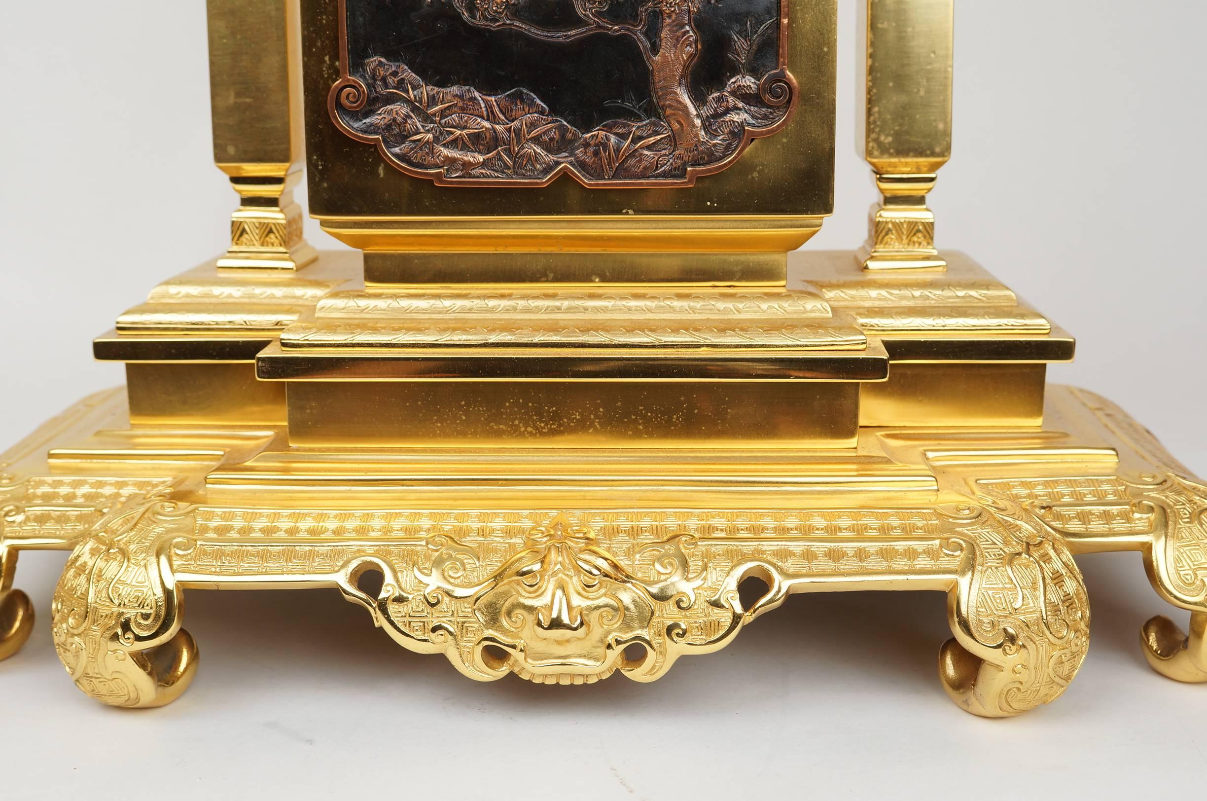Important Oriental Japonism Style French Gilt Bronze Two Toned Mantel Clock Set 1