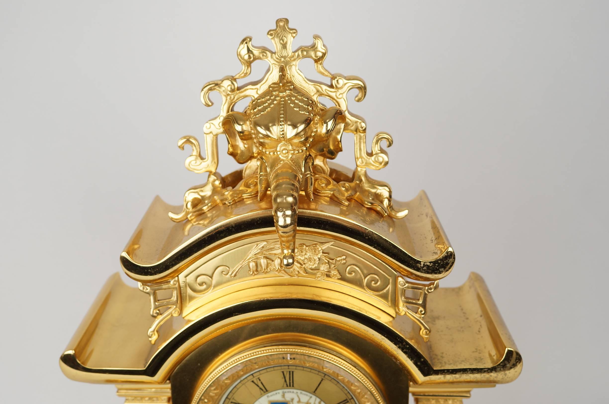 19th Century Important Oriental Japonism Style French Gilt Bronze Two Toned Mantel Clock Set