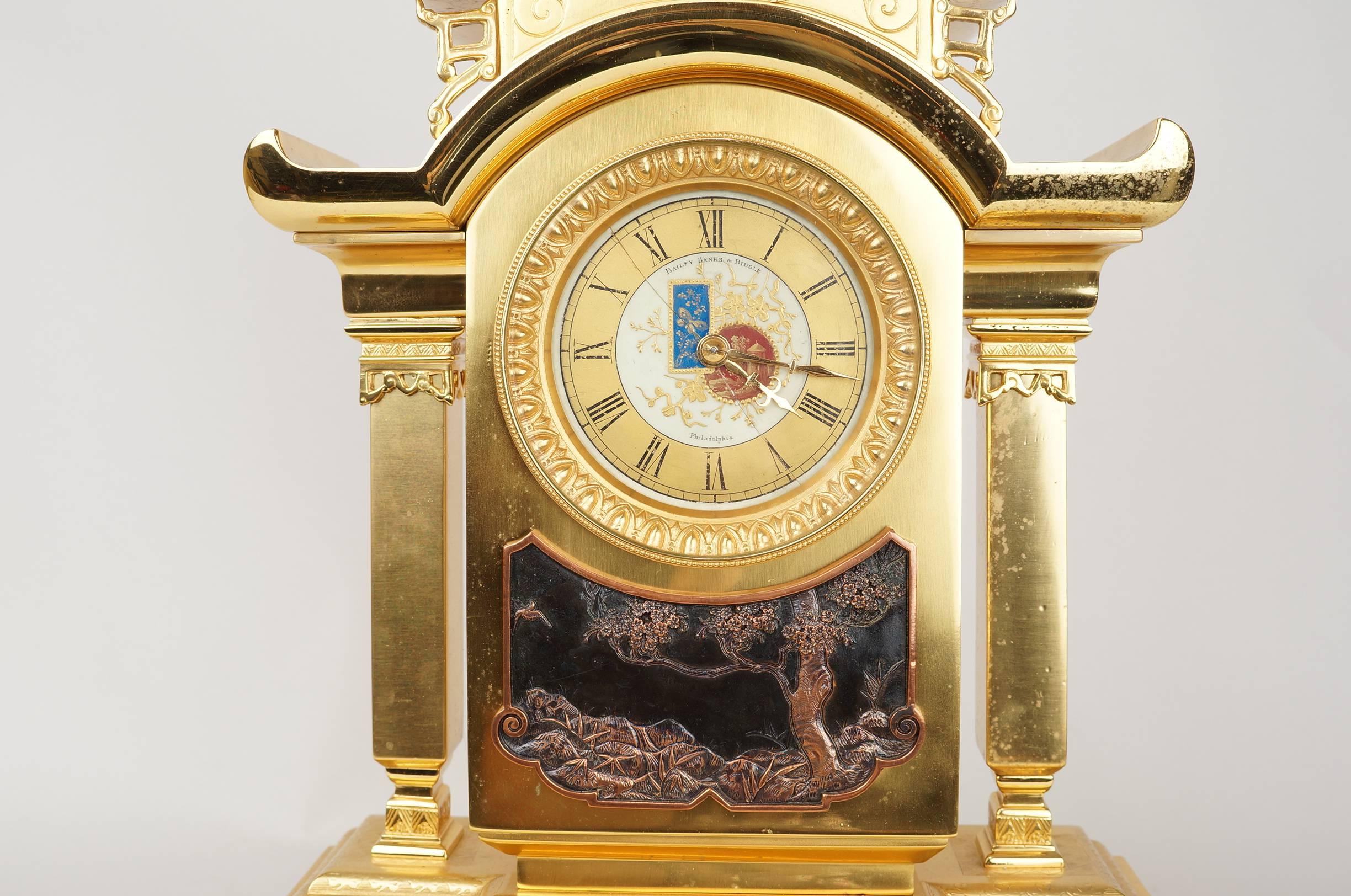 Important Oriental Japonism Style French Gilt Bronze Two Toned Mantel Clock Set In Good Condition In New York, NY