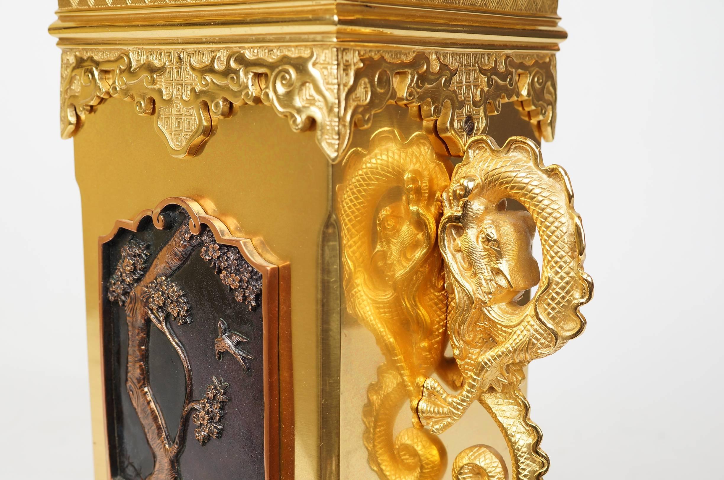 Important Oriental Japonism Style French Gilt Bronze Two Toned Mantel Clock Set 2