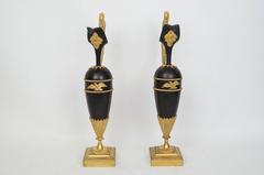 Pair of Russian Empire Style Patinated and Gilt Bronze Ewers with Rooster Head