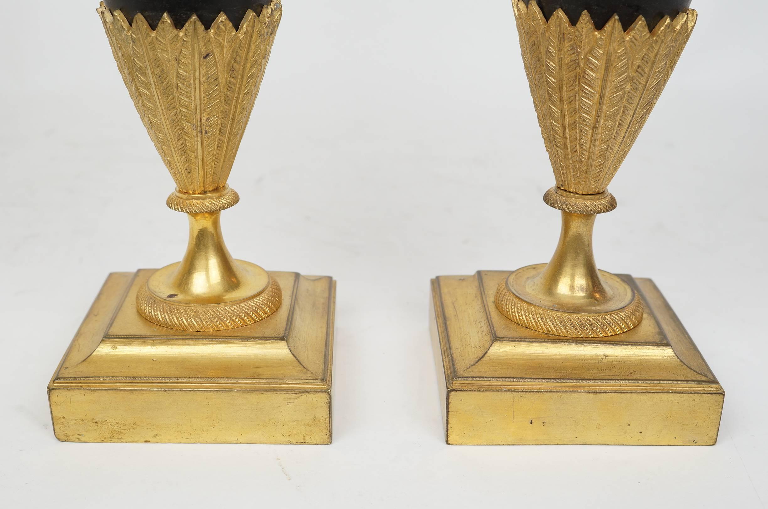 19th Century Pair of Russian Empire Style Patinated and Gilt Bronze Ewers with Rooster Head