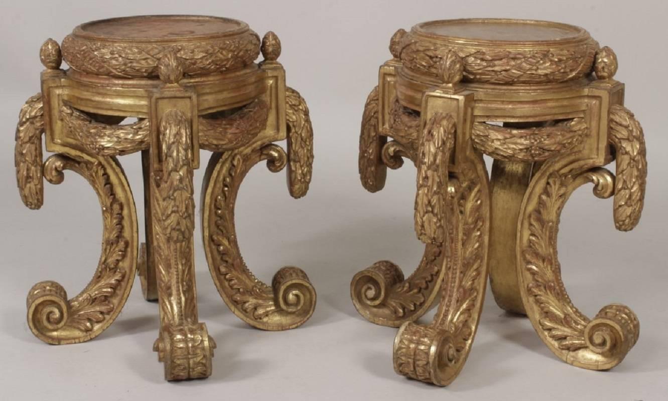 19th Century Fine Pair of French Carved Giltwood Louis XVI Style Low Pedestal Side Bases