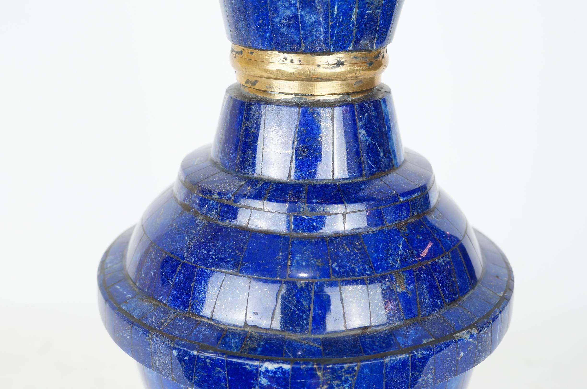 Pair of Blue Lapis Lazuli and Bronze Tall Vases with Flare Top In Excellent Condition In New York, NY