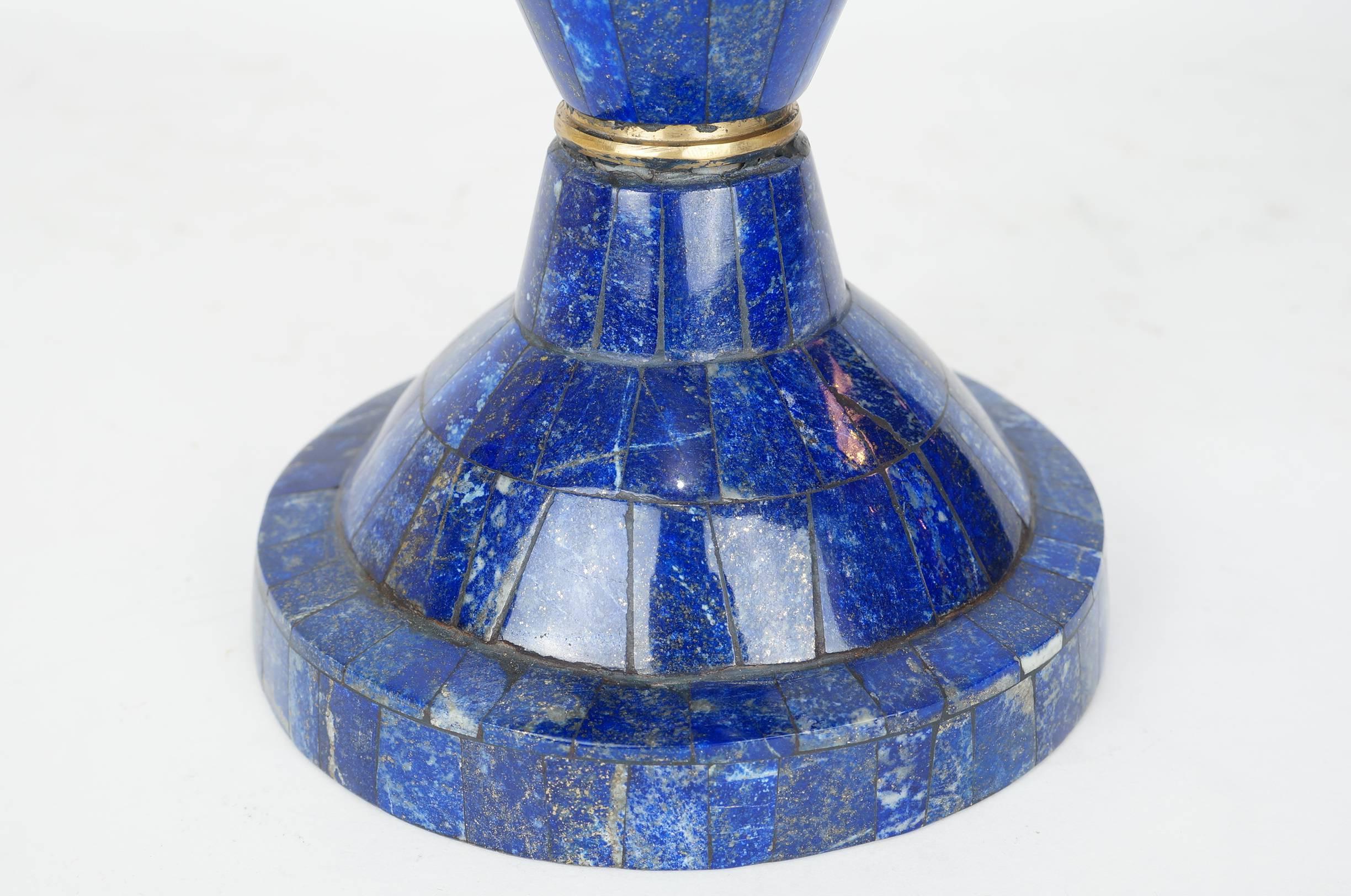 20th Century Pair of Blue Lapis Lazuli and Bronze Tall Vases with Flare Top
