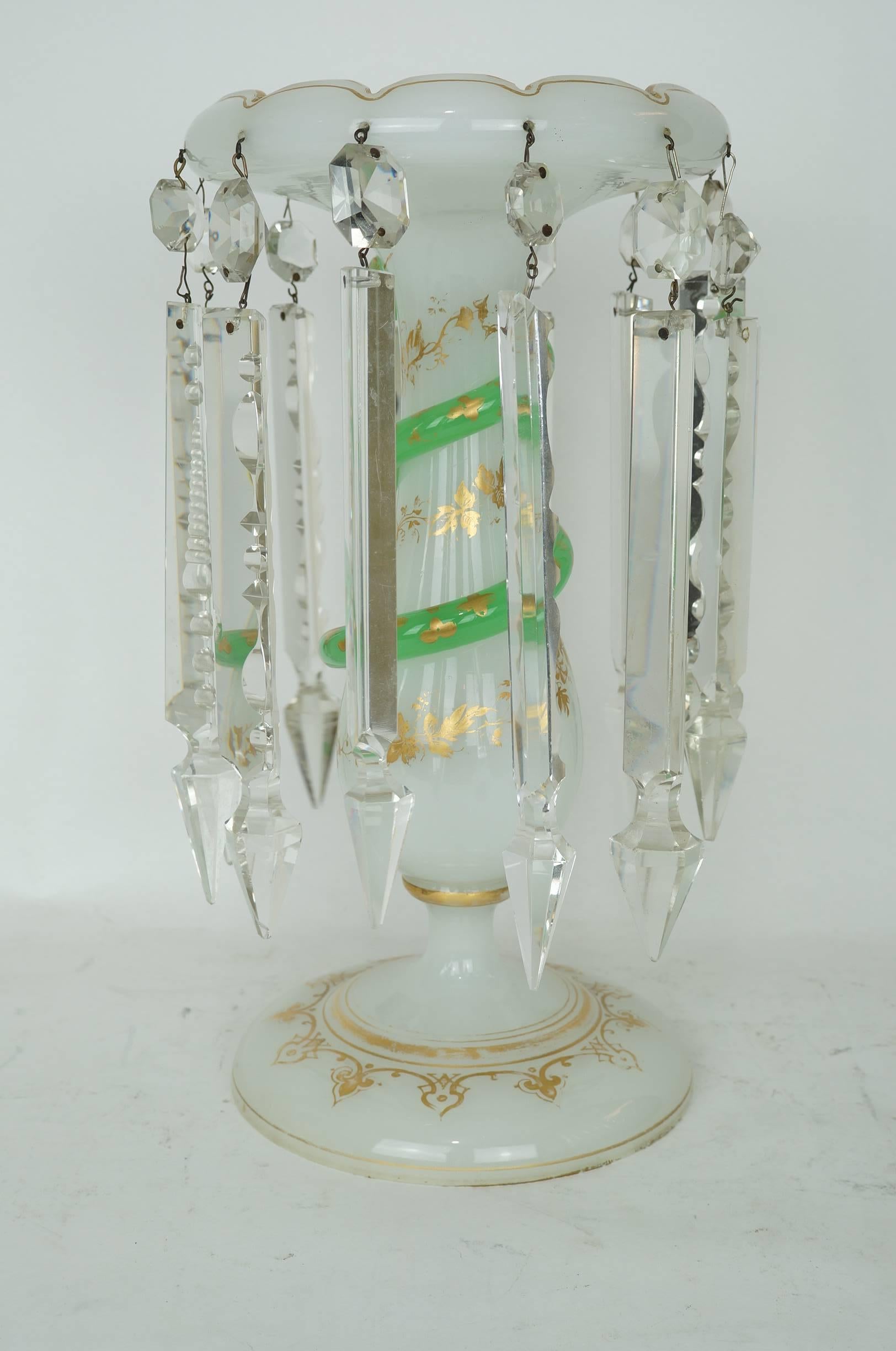 Pair of Beige and Green Opaline Luster Candleholders with Snake Twisted on Stem with Hanging Cut Prisms
Stock Number: DA111