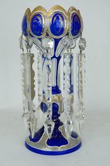 Pair of Blue and White Bohemian Overlay Luster Candelholders