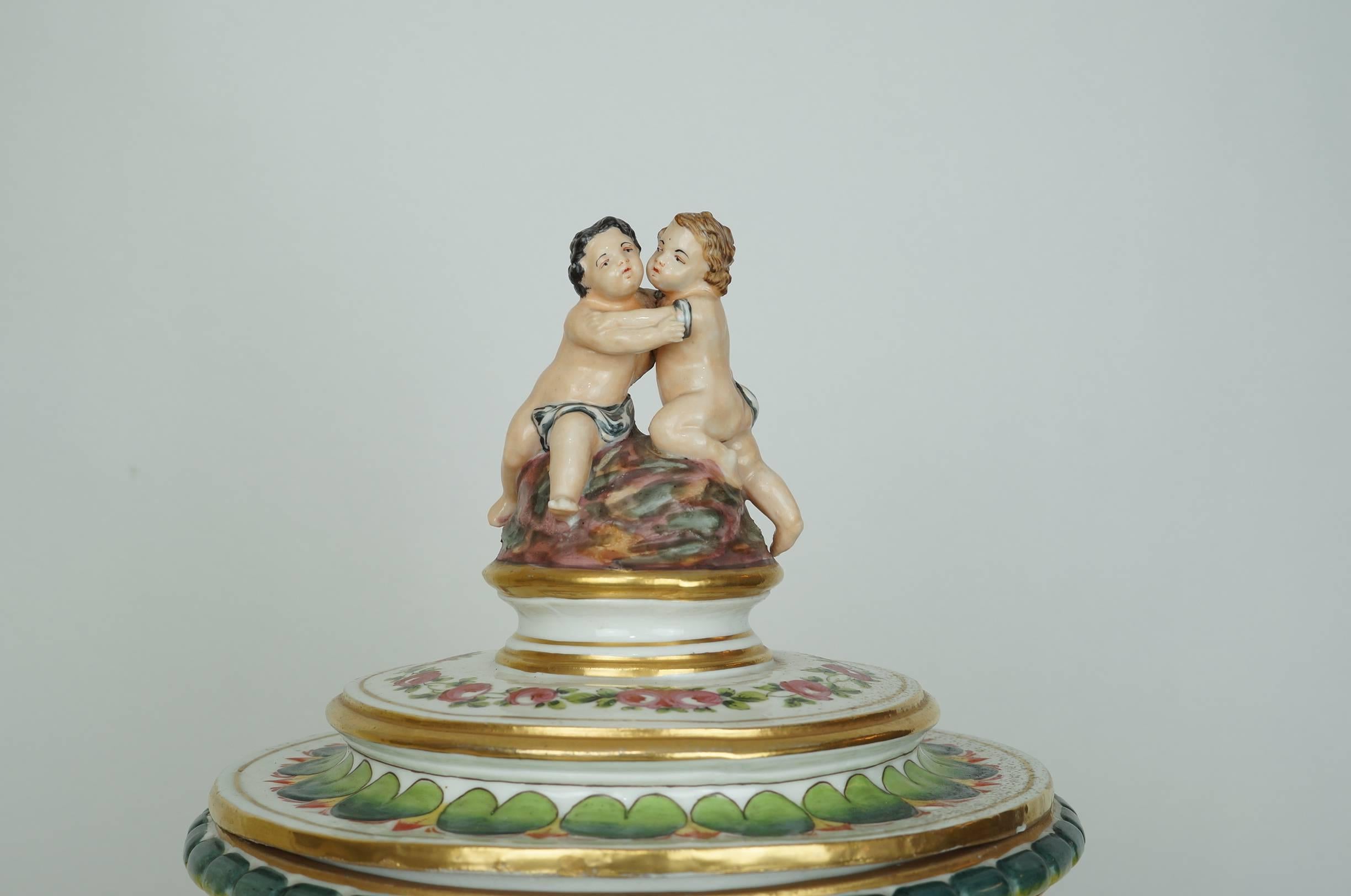 Italian Pair of Porcelain and Bronze Capodimonte Figural Urns with Ram's Head