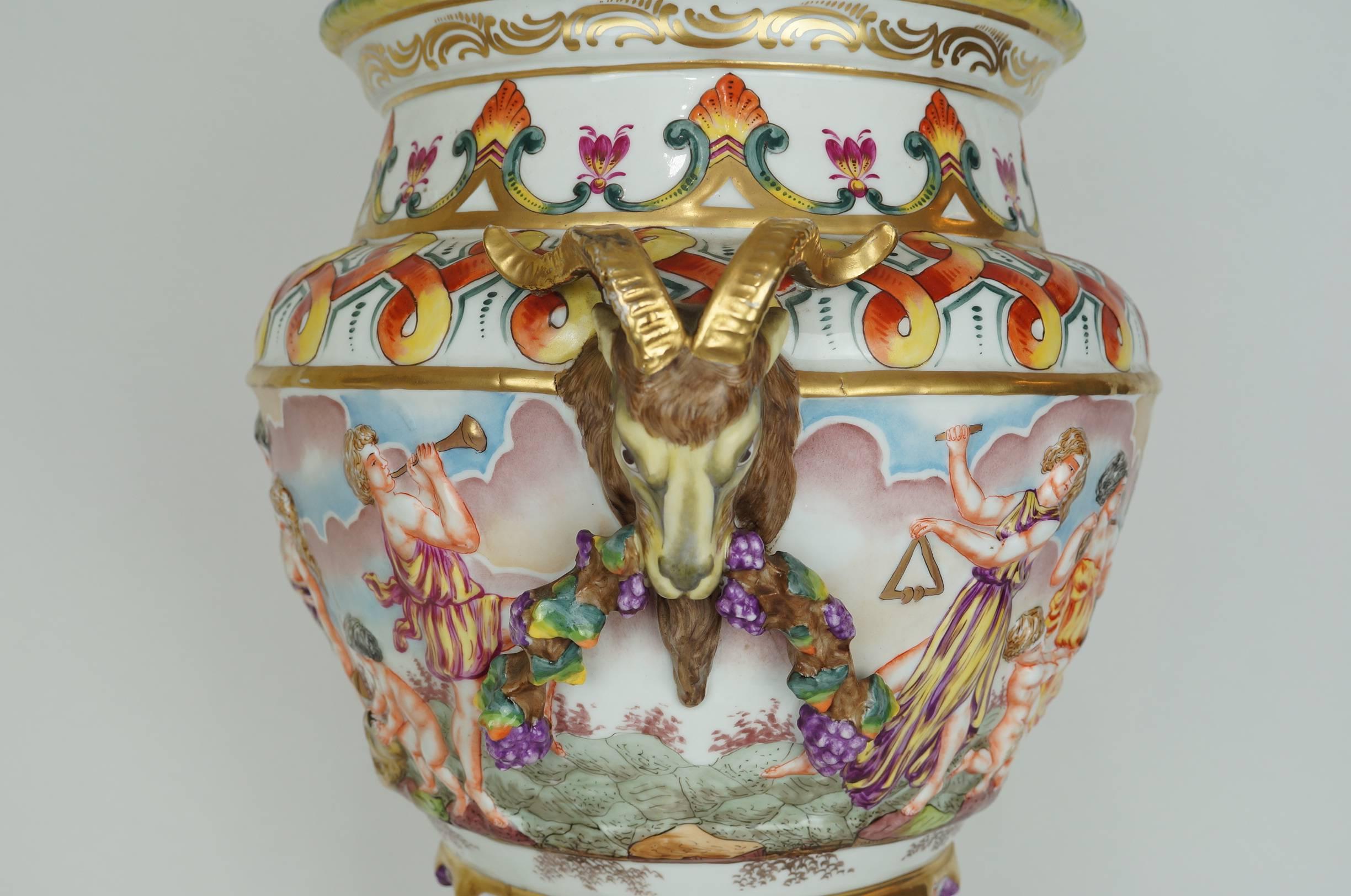 19th Century Pair of Porcelain and Bronze Capodimonte Figural Urns with Ram's Head
