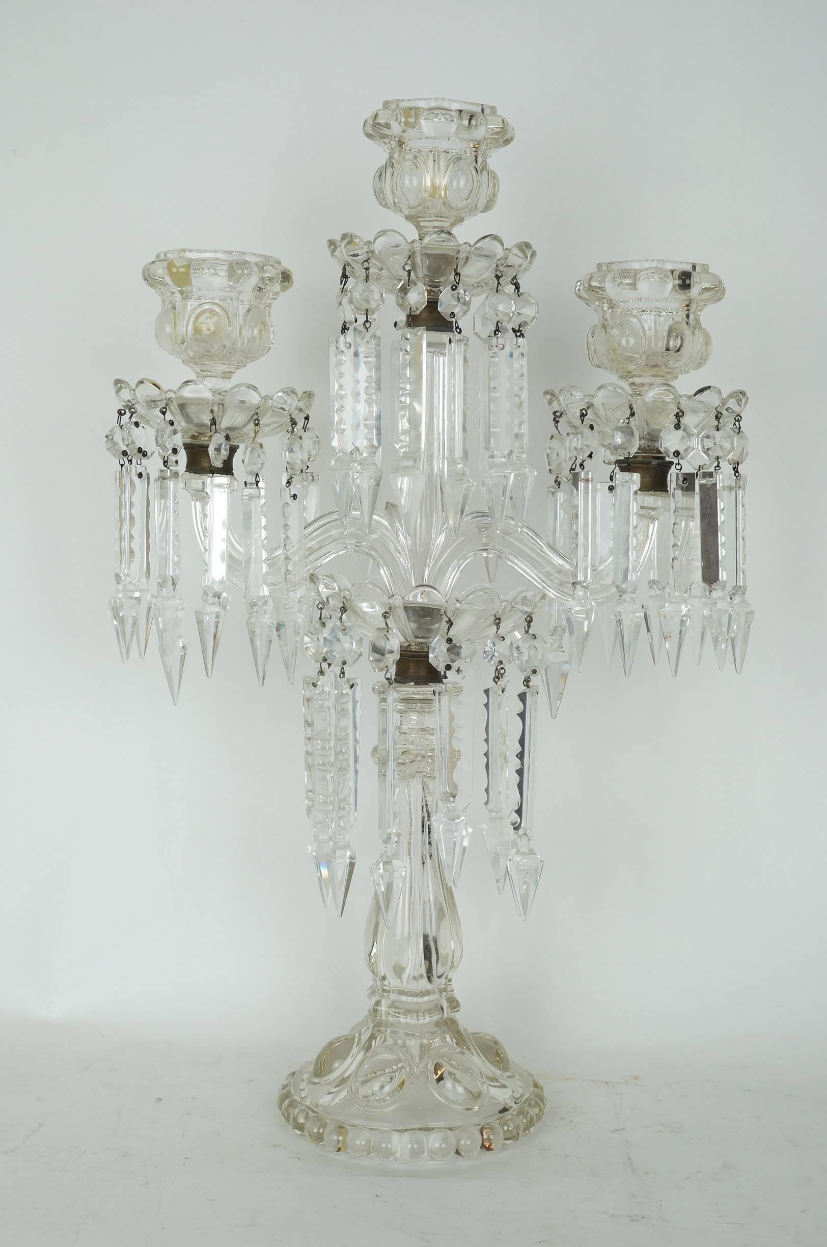 Pair of  Baccarat Style 3 Light Glass Girondole Table Candelabras with Hanging Prisms
Stock Number: LC23