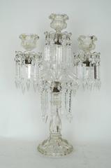 Pair of Baccarat Style Three-Light Glass Girondole Table Candelabras with Prisms