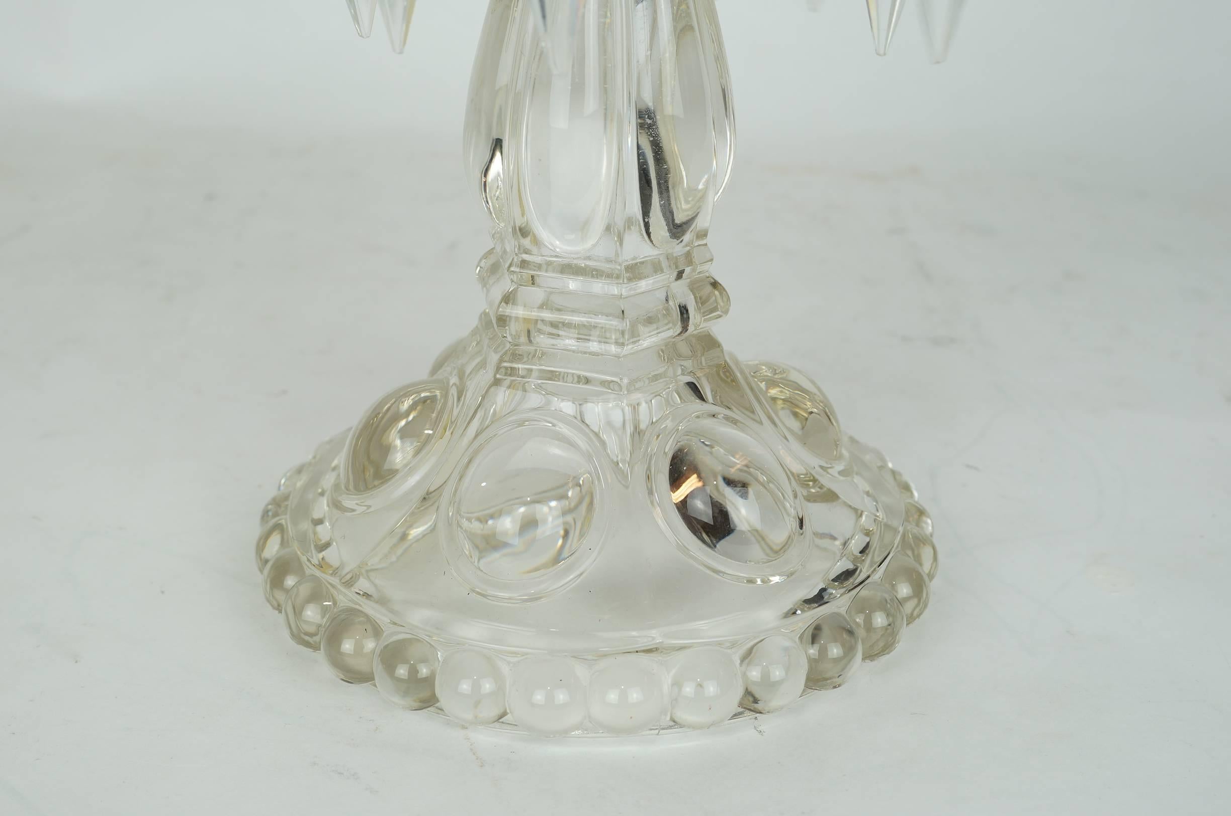 20th Century Pair of Baccarat Style Three-Light Glass Girondole Table Candelabras with Prisms