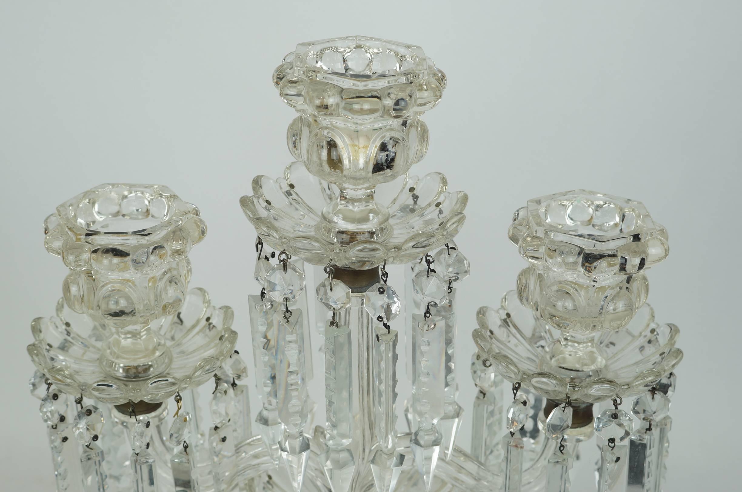Pair of Baccarat Style Three-Light Glass Girondole Table Candelabras with Prisms In Good Condition In New York, NY