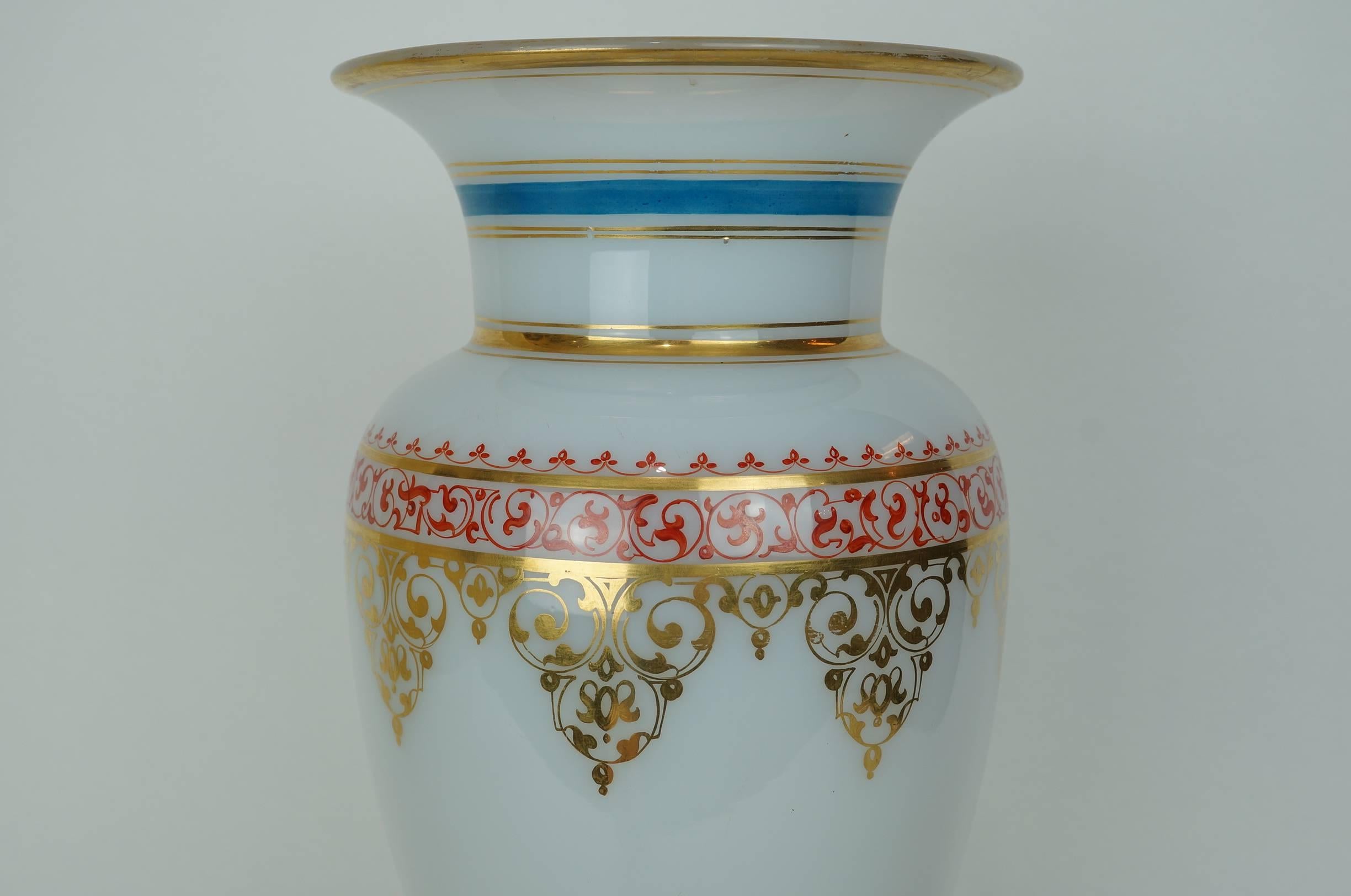 Blown Glass Fine French White Opaline Glass Vase with Painted Hunting Scene For Sale