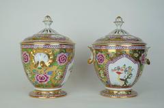 Pair of Dresden Painted Porcelain Covered Bowls with Bird and Flower Decorations