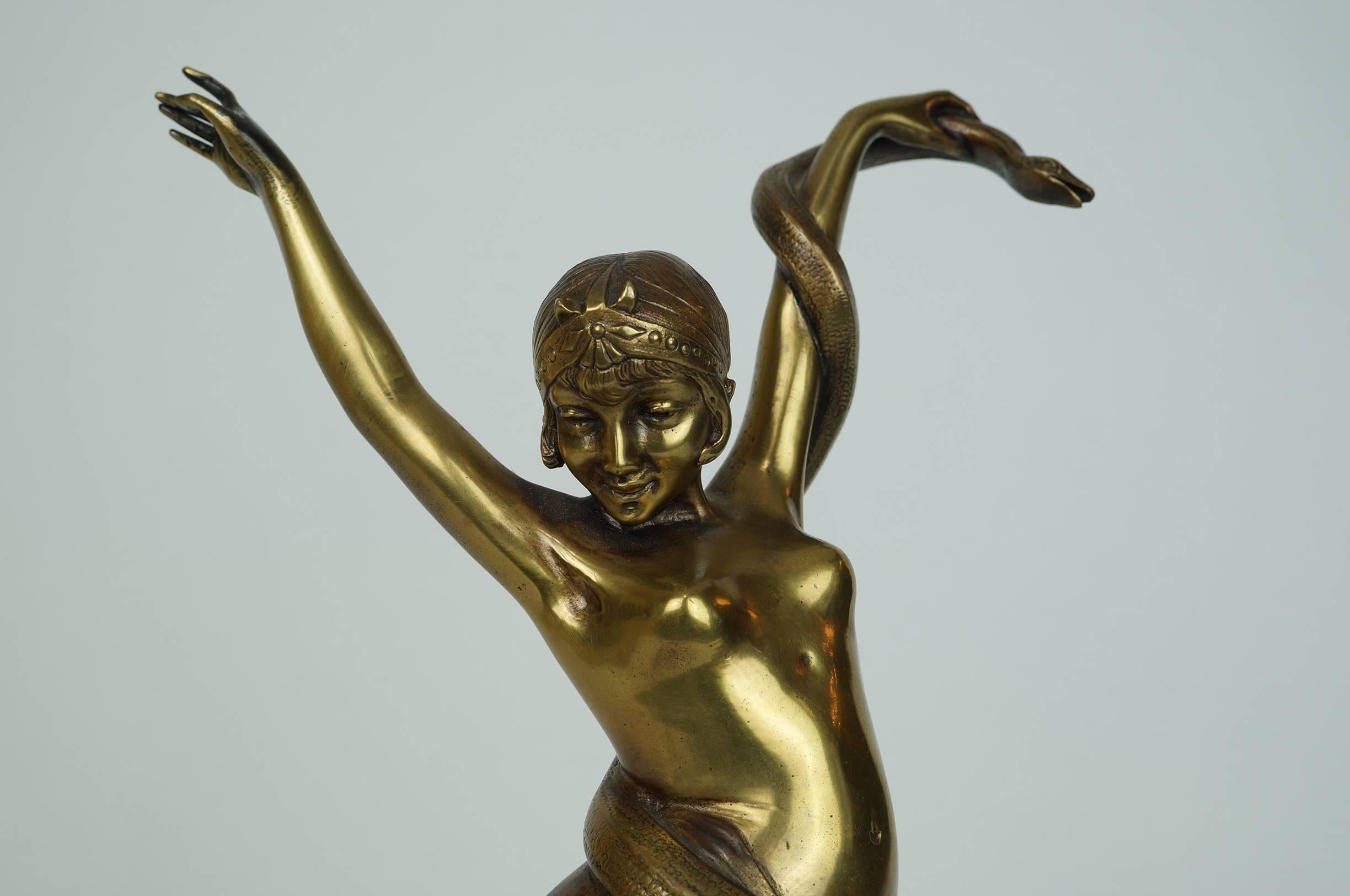 20th Century Gilt Bronze Deco Figure of a Seated Nude Snake Charmer on Marble Base