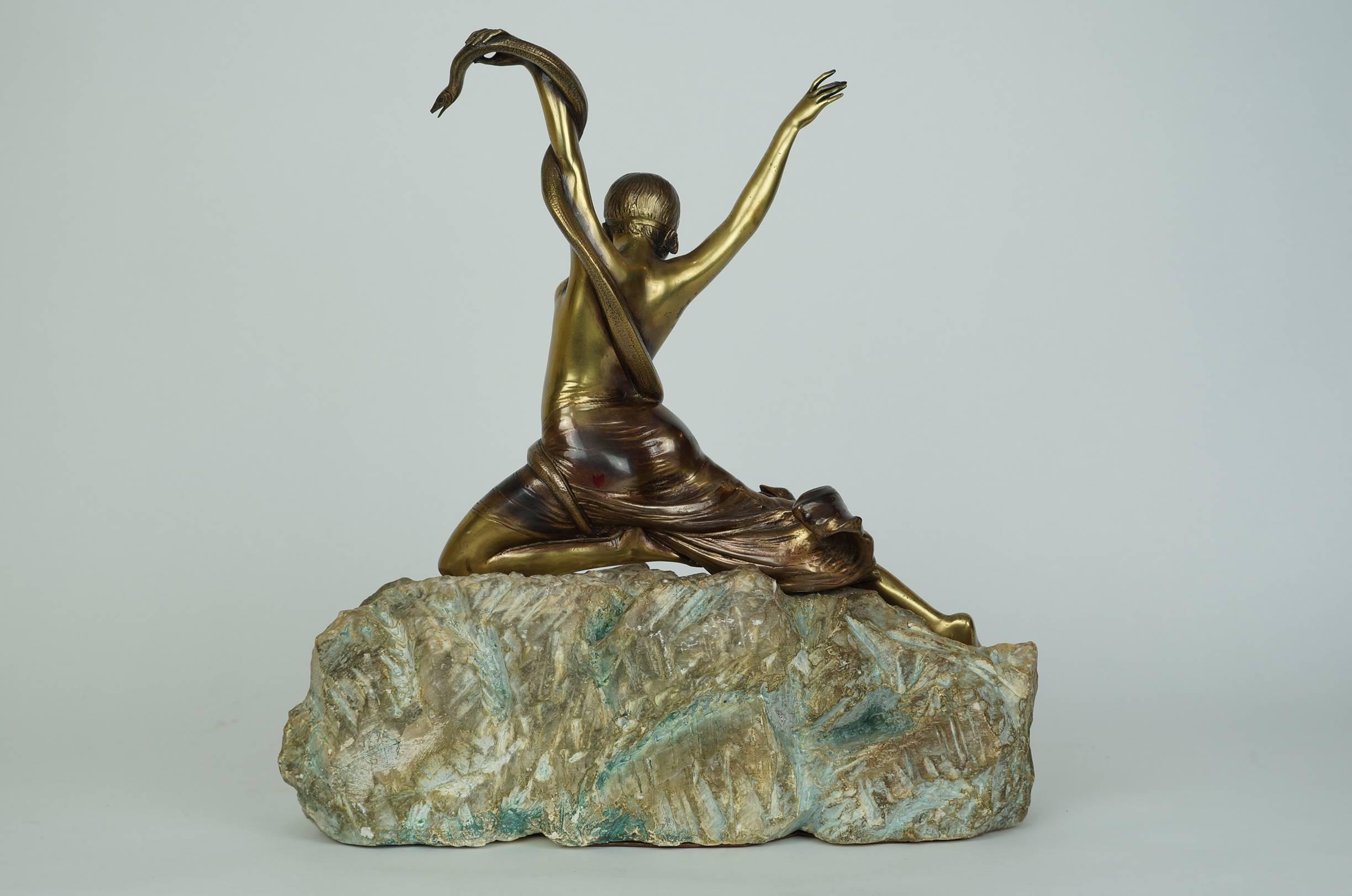 Gilt Bronze Deco Figure of a Seated Nude Snake Charmer on Marble Base In Excellent Condition In New York, NY