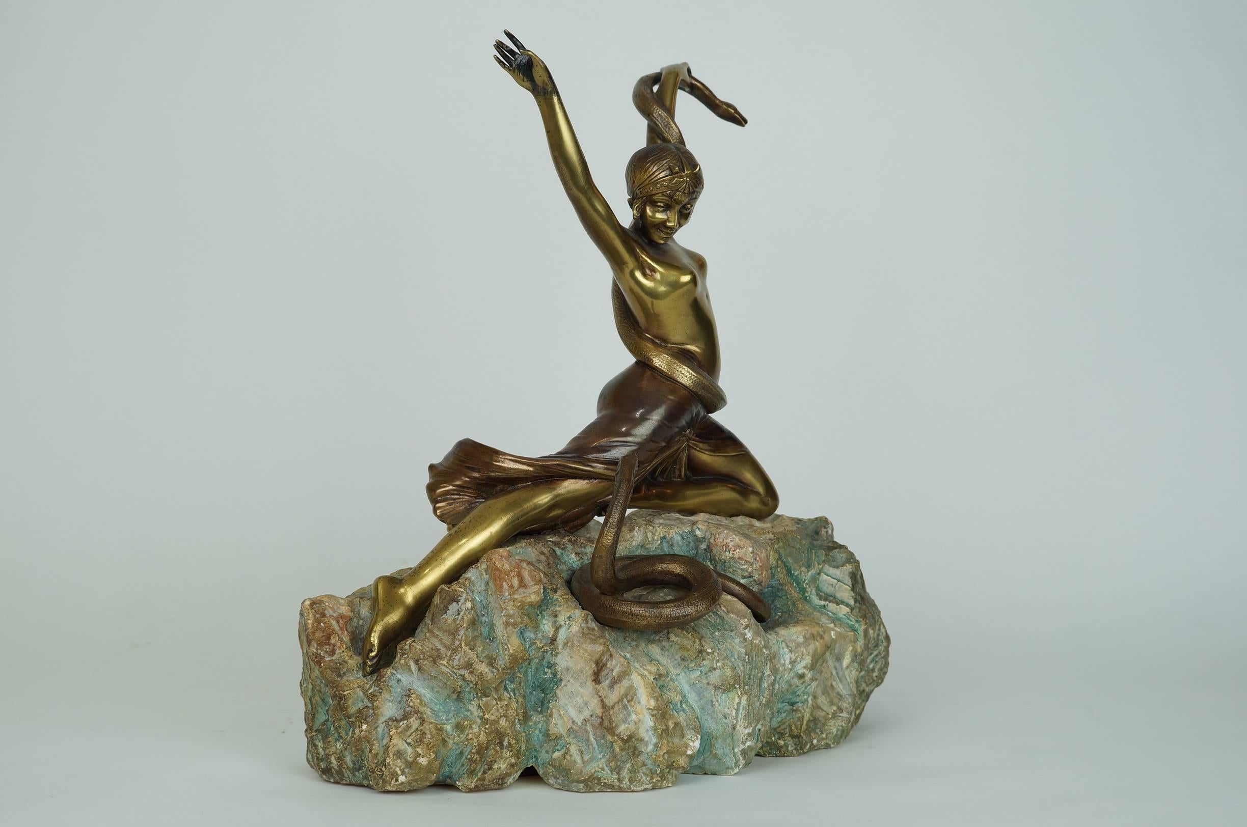 Gilt Bronze Deco Figure of a Seated Nude Snake Charmer on Marble Base
Apparently unsigned
Stock Number: SC147