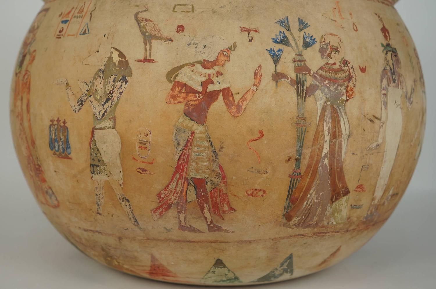 Egyptian Revival Pottery Bowl Planter Painted with Egyptian Figures at