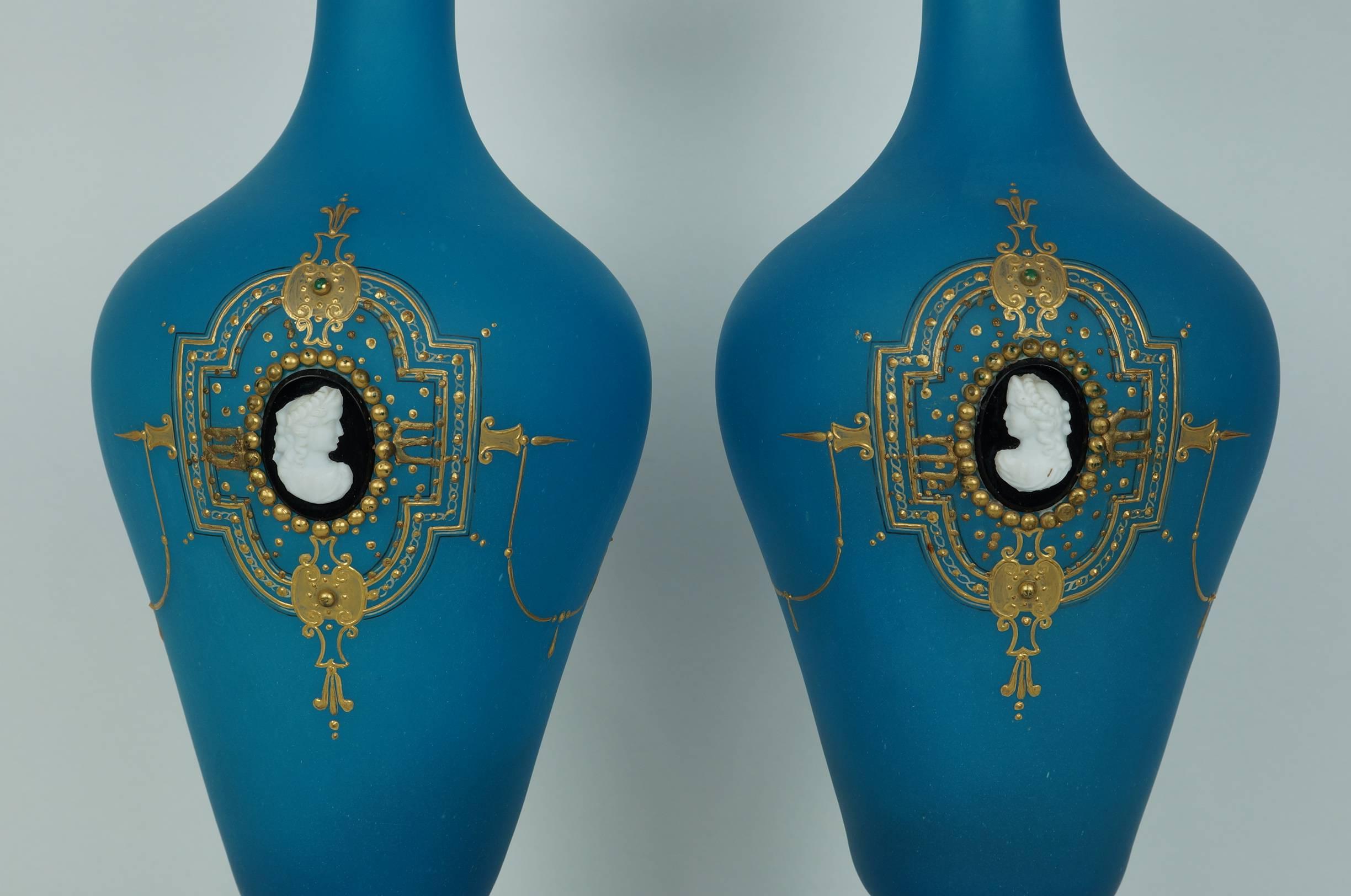 French Pair of Blue Opaline Glass Tall Vases with Applied Cameo Glass Portraits 