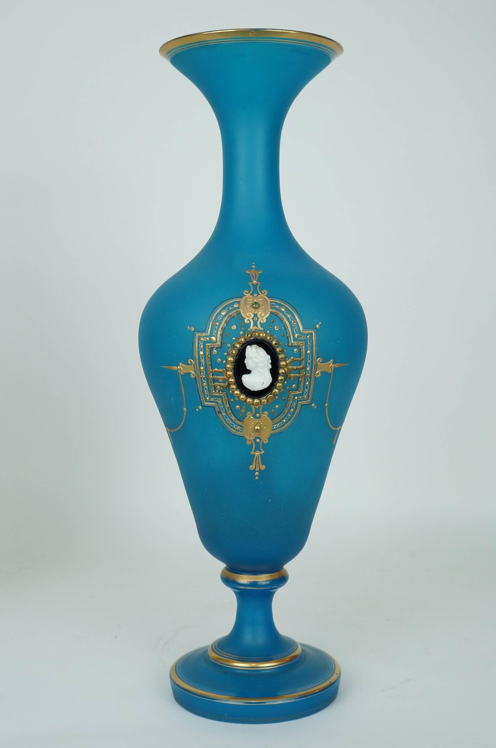 Pair of Blue Opaline Glass Tall Vases with Applied Cameo Glass Portraits 
Stock Number: G35