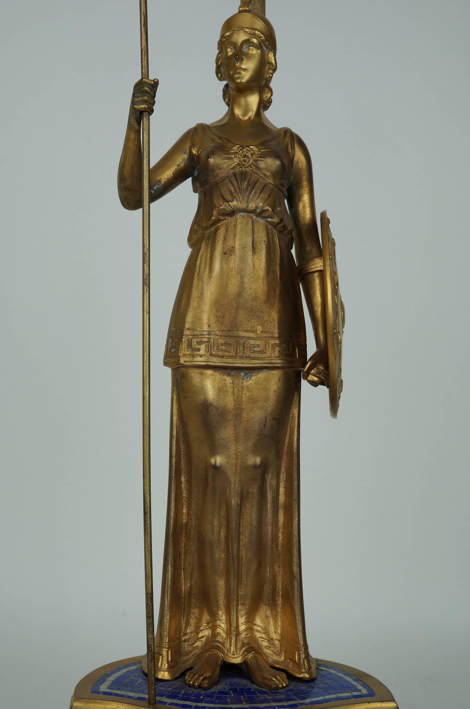 20th Century Gilt Bronze Standing Figure of a Warrior on Marble and Lapis Mosaic Base