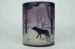 Antique French Daum Nancy Purple Glass Vase with Forest and Animal Design