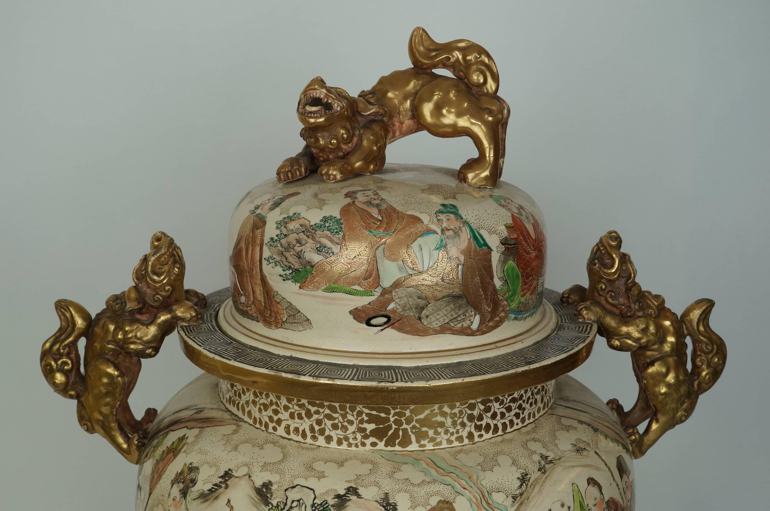 Large Antique Japanese Satsuma Koro Covered Urn with Foo Dog Handles and Cover 
Stock Number: DA195