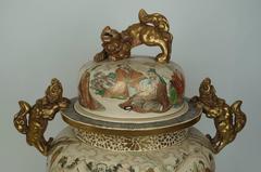 Large Antique Japanese Satsuma Koro Covered Urn with Foo Dog Handles and Cover