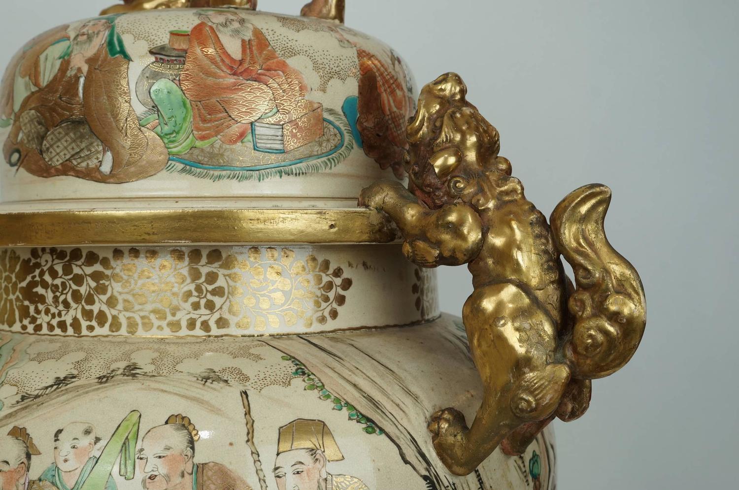 Large Antique Japanese Satsuma Koro Covered Urn with Foo Dog Handles