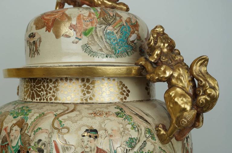 Large Antique Japanese Satsuma Koro Covered Urn with Foo Dog Handles