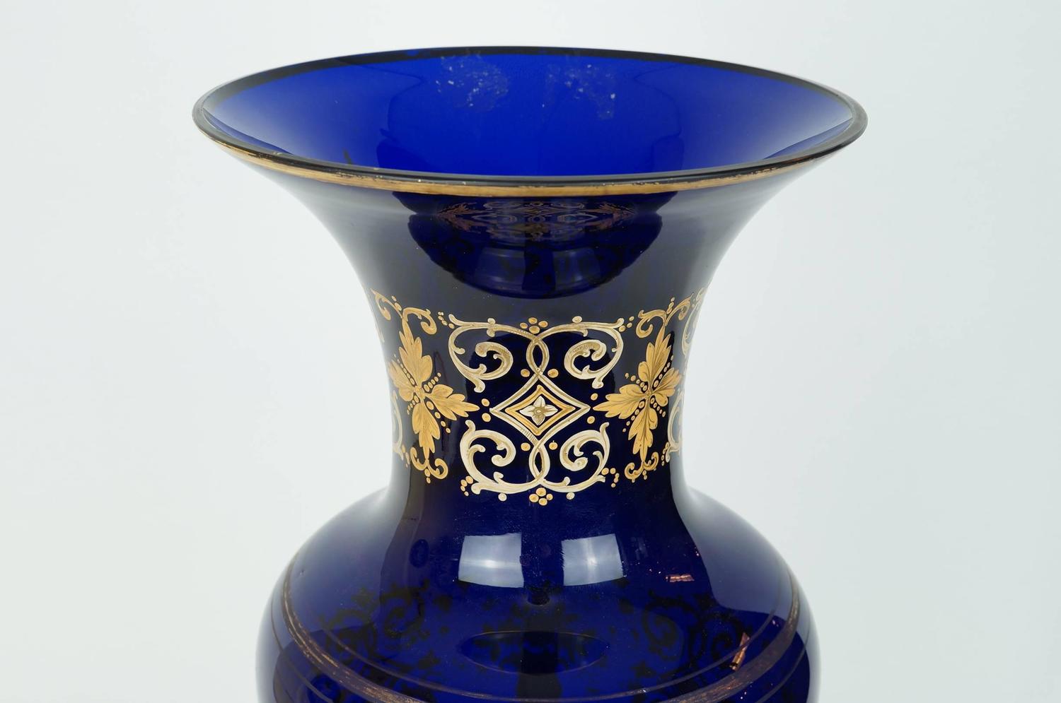 Large Antique Blue Bohemian Glass Vase with Gilt Floral Decorations For