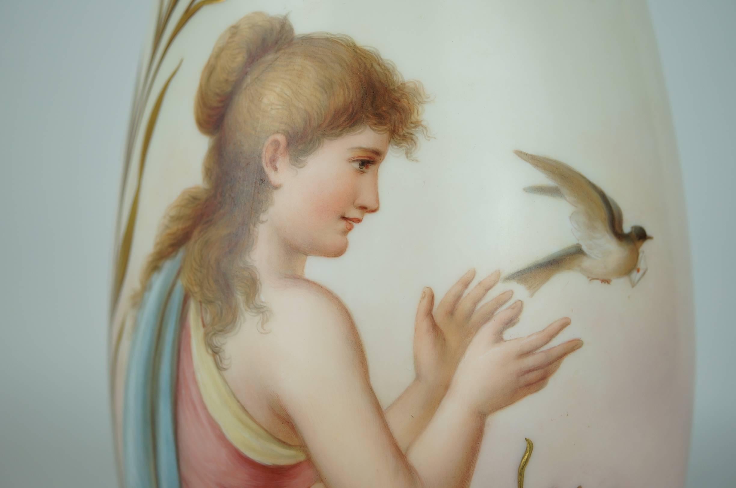 French Painted Neoclassical Porcelain Art Nouveau Vase, Lady Releasing Bird