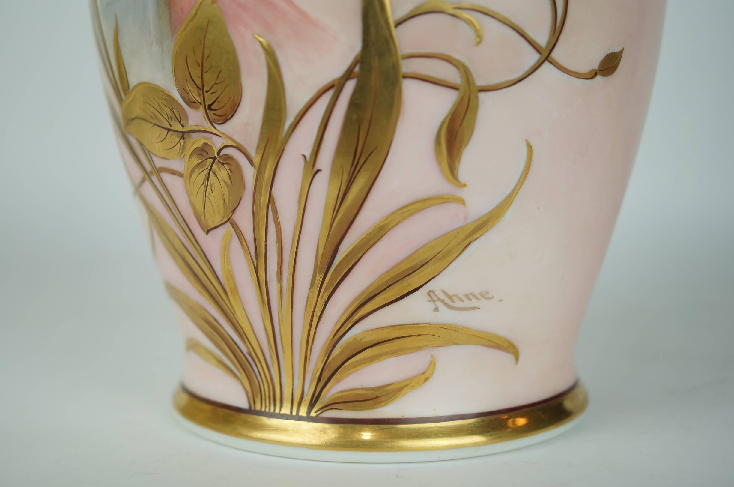 Painted Neoclassical Porcelain Art Nouveau Vase, Lady Releasing Bird In Excellent Condition In New York, NY