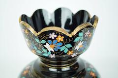 Pair of Moser Enameled Glass Vases with Bird and Flower Decorations