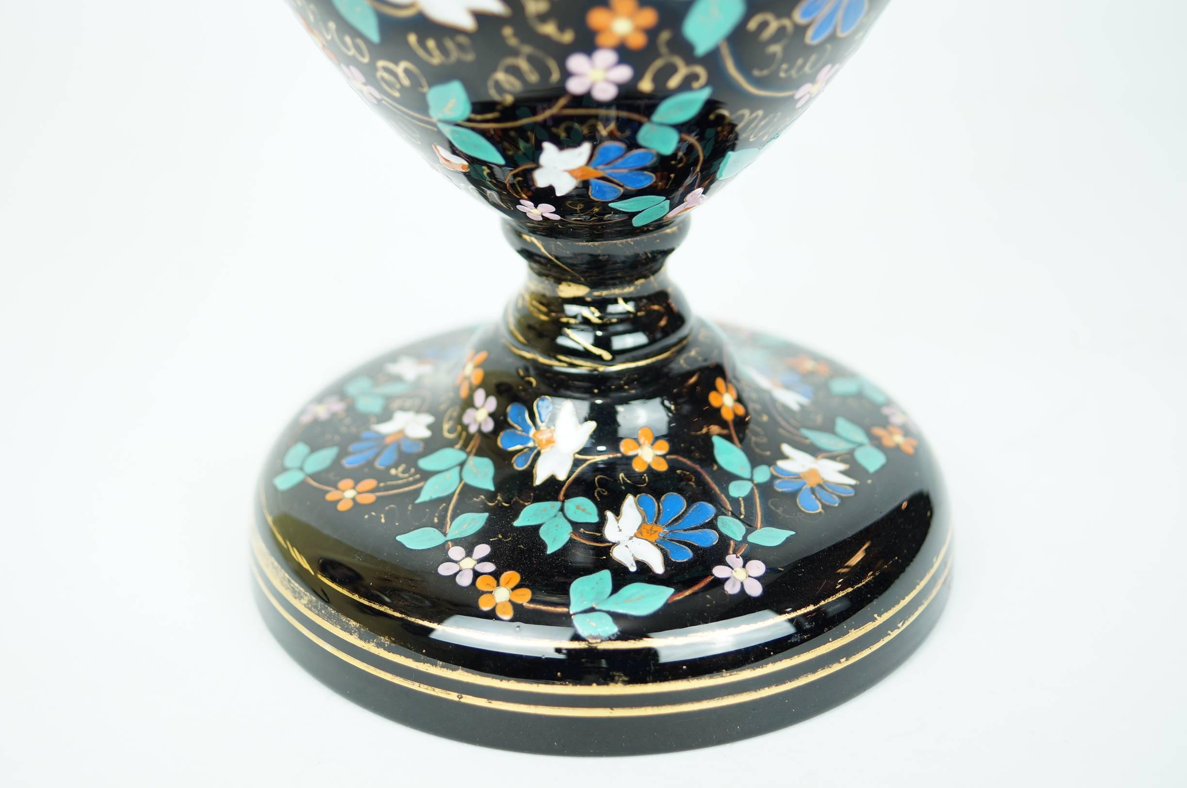 Pair of Moser Enameled Glass Vases with Bird and Flower Decorations In Excellent Condition In New York, NY
